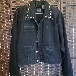 Chic Black Jean Jacket with Pearl Accents